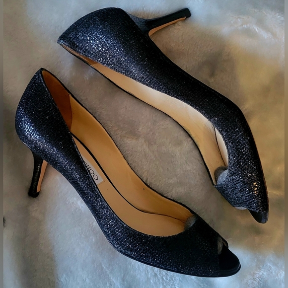 Jimmy Choo Black Sparkle Peep-Toe Heels - Picture 2 of 7